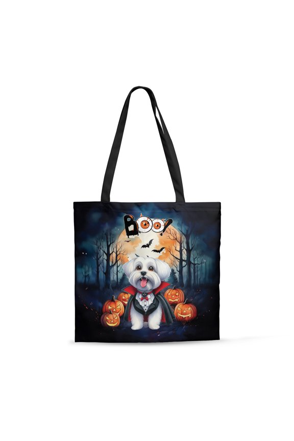 Happy Halloween Vampire Maltese BOO with Pumpkins Fun and Spooky All Over Print 3D Canvas Tote Bag Maltese Dog Lover Gifts Idea Reusable Handbag - 00018