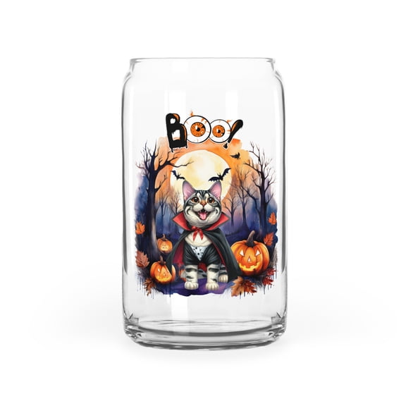 Happy Halloween Vampire Manx BOO with Pumpkins Fun and Spooky 16oz Glass Cup Mug Cat Lover Kitten Owner Gifts Glass Can - 00018