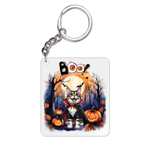 Happy Halloween Vampire Manx BOO with Pumpkins Fun and Spooky Acrylic Keychain Cat Lover Kitten Owner Gifts Collar Charm Tag Keyring - 00018