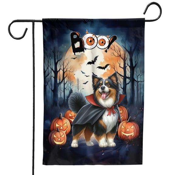 Happy Halloween Vampire Miniature American Shepherd BOO with Pumpkins Fun and Spooky Garden Flag 12x18in Double Sided MAS Dog Lover Gifts Outdoor Decor - 00018