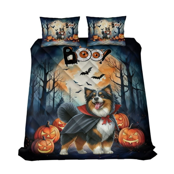 Happy Halloween Vampire Miniature American Shepherd BOO with Pumpkins Fun and Spooky Quilt Bedding Set MAS Dog Lover Gifts 1 Blanket Bed Cover 2 Pillowcases - 00018