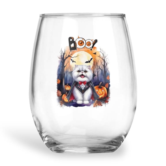 Happy Halloween Vampire Persian BOO with Pumpkins Fun and Spooky 15oz Stemless Wine Glass Mug Cat Lover Kitten Owner Gifts Wine Glasses Cup - 00018