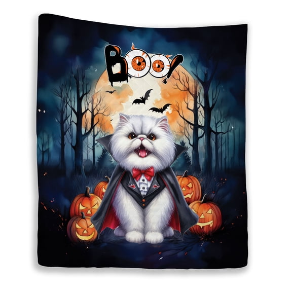 Happy Halloween Vampire Persian BOO with Pumpkins Fun and Spooky Quilt Blanket Cat Lover Kitten Owner Gifts Cozy Comforter Throw Blanket - 00018