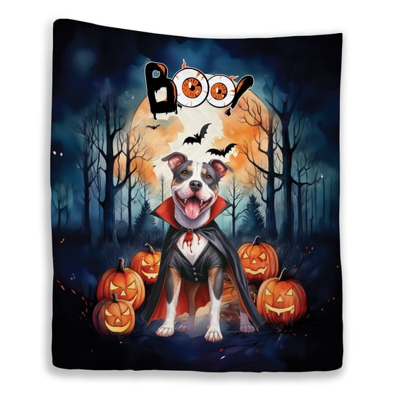 Happy Halloween Vampire Pitbull BOO with Pumpkins Fun and Spooky Quilt Blanket Terrier Dog Lover Cozy Comforter Throw Blanket - 00018