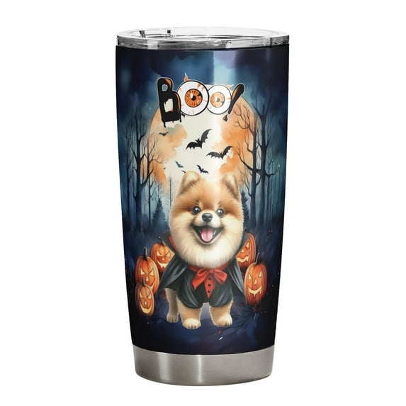 Happy Halloween Vampire Pomeranian BOO with Pumpkins Fun and Spooky 20oz Stainless Steel Tumbler Insulated Cup with Lid Pom Dog Lover Gifts - 00018