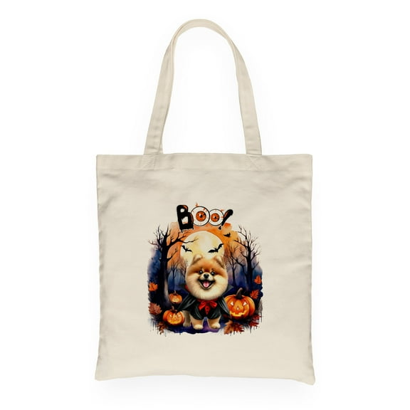 Happy Halloween Vampire Pomeranian BOO with Pumpkins Fun and Spooky Canvas Tote Bag Pom Dog Lover Gifts Reusable Shopping Grocery Bag - 00018