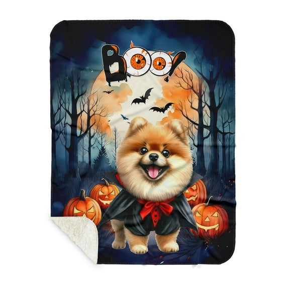 Happy Halloween Vampire Pomeranian BOO with Pumpkins Fun and Spooky Cozy Sherpa Blanket Pom Dog Lover Gifts Warm Soft Throw Blanket - 00018