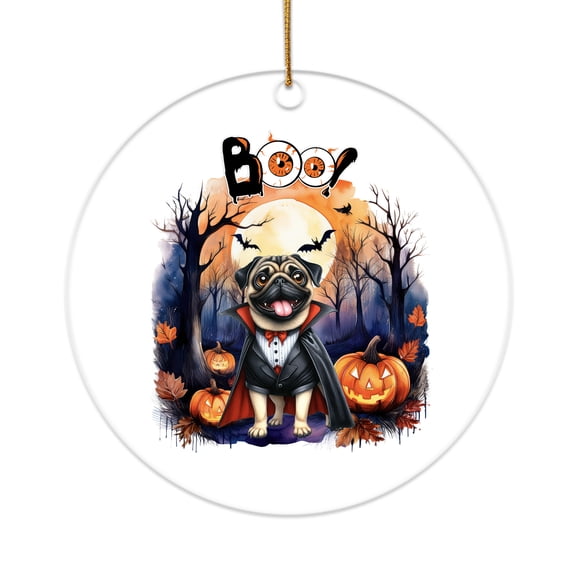 Happy Halloween Vampire Pug BOO with Pumpkins Fun and Spooky Acrylic Round Ornament Dog Lover Gifts Home Tree Decor - 00018
