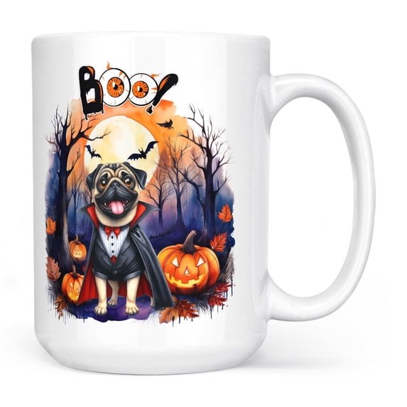 Happy Halloween Vampire Pug BOO with Pumpkins Fun and Spooky Mug Dog Lover Gifts Coffee Tea Cup - 00018
