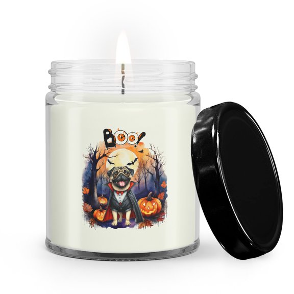 Happy Halloween Vampire Pug BOO with Pumpkins Fun and Spooky Soy Wax Candle Dog Lover Gifts 9oz White Birch & Black Pepper Candle - 00018