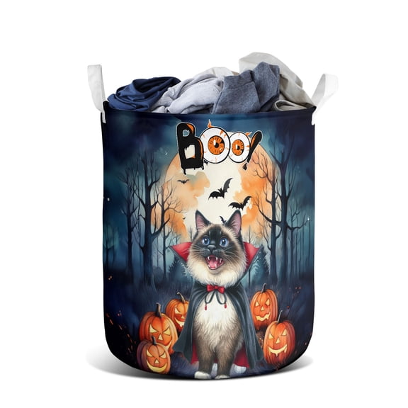 Happy Halloween Vampire Ragdoll BOO with Pumpkins Fun and Spooky Foldable Laundry Basket Cat Lover Kitten Owner Gifts Idea Organizer Storage with Handles - 00018