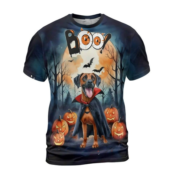 Happy Halloween Vampire Rhodesian Ridgeback BOO with Pumpkins Fun and Spooky All Over Print 3D Shirt Unisex Merch Ridgebacks Dog Lover Gifts - 00018
