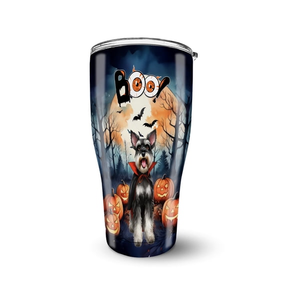 Happy Halloween Vampire Schnauzer BOO with Pumpkins Fun and Spooky 30oz Stainless Steel Tumbler Insulated Cup with Lid Miniature Schnauzer Dog Lover - 00018