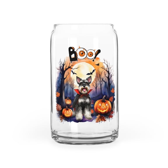 Happy Halloween Vampire Schnauzer BOO with Pumpkins Fun and Spooky 16oz Glass Cup Mug Miniature Schnauzer Dog Lover Glass Can - 00018