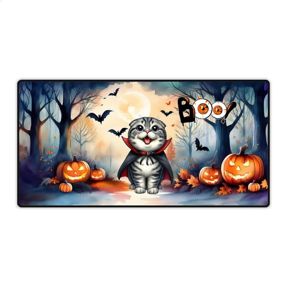 Happy Halloween Vampire Scottish Fold BOO with Pumpkins Fun and Spooky Desk Mat Full Keyboard Mouse Pad Cat Lover Kitten Owner Gifts Large Mousepad - 00018
