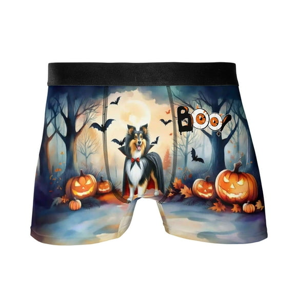 Happy Halloween Vampire Shetland Sheepdog BOO with Pumpkins Fun and Spooky All Over Print Boxer Briefs Underwear for Men Dad Sheltie Dog Lover Gifts - 00018