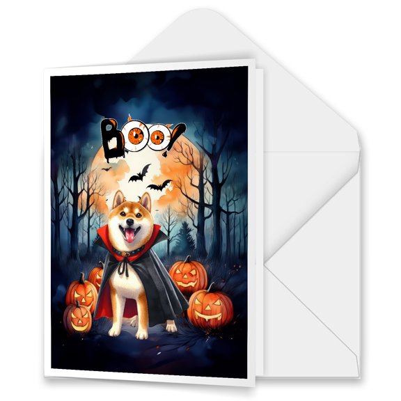 Happy Halloween Vampire Shiba Inu BOO with Pumpkins Fun and Spooky 5x7in Folded Greeting Card Shibas Dog Lovers Gifts Idea Single Note Card with Envelope - 00018