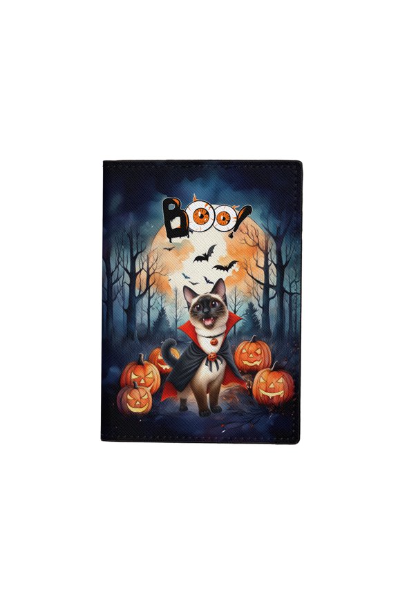 Happy Halloween Vampire Siamese BOO with Pumpkins Fun and Spooky Travel Passport Wallet Cat Lover Kitten Owner Gifts PU Leather Passport Holder Cover - 00018