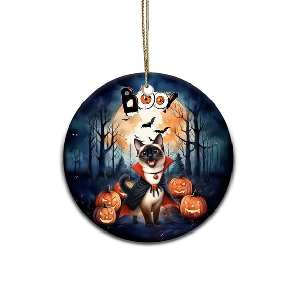 Happy Halloween Vampire Siamese BOO with Pumpkins Fun and Spooky Ceramic Round Ornament Cat Lover Kitten Owner Gifts Home Tree Decor - 00018