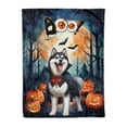 thumbnail image 1 of Happy Halloween Vampire Siberian Husky BOO with Pumpkins Fun and Spooky Cozy Fleece Blanket Husky Dog Lover Gifts Warm Soft Throw Blanket - 00018, 1 of 5
