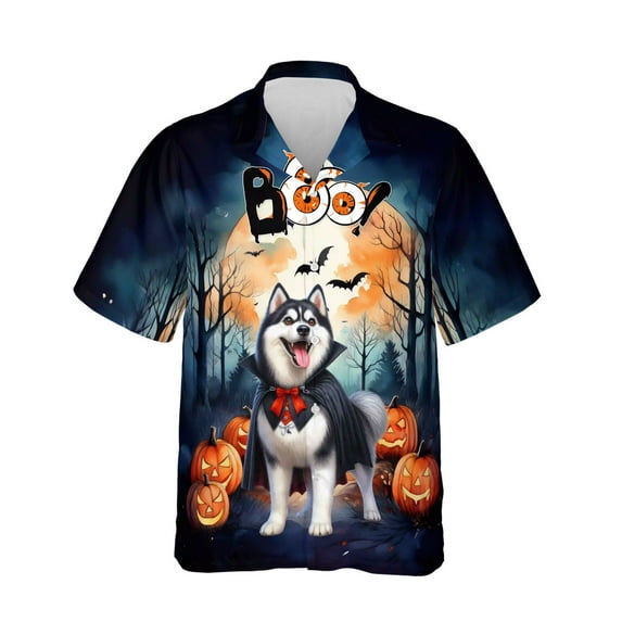 Happy Halloween Vampire Siberian Husky BOO with Pumpkins Fun and Spooky Hawaiian Shirt Breathable Summer Unisex Merch Husky Dog Lover Gifts - 00018