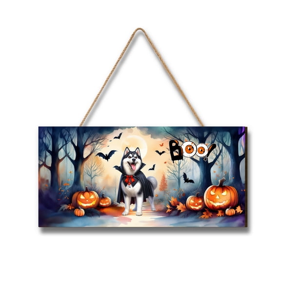 Happy Halloween Vampire Siberian Husky BOO with Pumpkins Fun and Spooky Landscape Wood Sign Husky Dog Lover Gifts Hanging Wall Home Decor - 00018