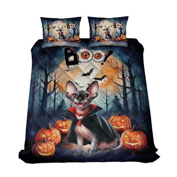Happy Halloween Vampire Sphynx BOO with Pumpkins Fun and Spooky Quilt Bedding Set Cat Lover Kitten Owner Gifts Idea 1 Blanket Bed Cover 2 Pillowcases - 00018