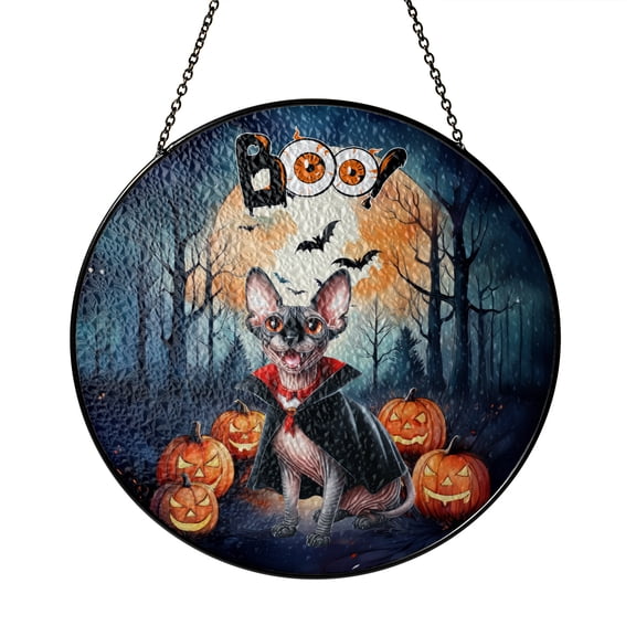 Happy Halloween Vampire Sphynx BOO with Pumpkins Fun and Spooky Stained Glass Suncatcher Cat Lover Kitten Owner Gifts Idea Window Hanging Sign Decor - 00018