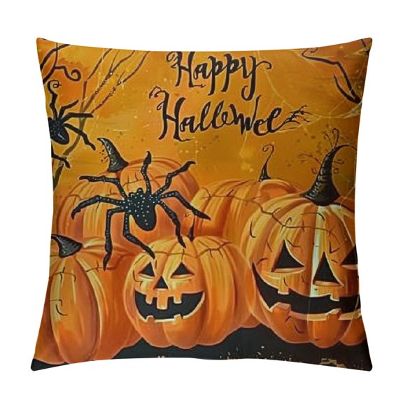 Happy Halloween Velvet Throw Pillow Cover Pumpkins Black Spiders Soft Solid Square Cushion Case Decorative Pillow Cases for Sofa Bedroom Car Orange
