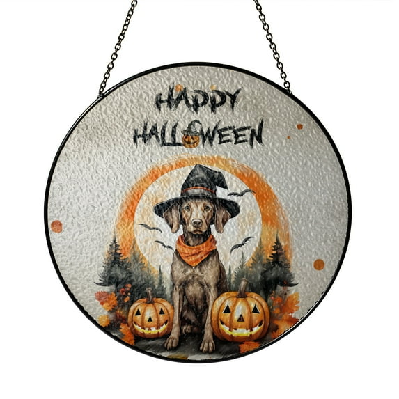 Happy Halloween Vizsla Witches Hat Pumpkin Carving Stained Glass Suncatcher Vizslas Dog Lover Gifts Idea Window Hanging Sign Decor - 02019
