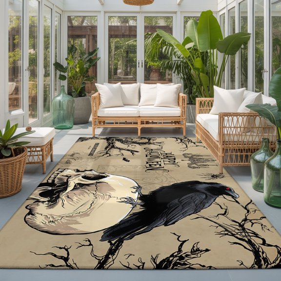 Happy Halloween Washable Living Room Rugs 9'x12', Crow Skull Head Retro Brown Text Washable Throw Large Area Rug Non-Slip Sturdy Edge Binding Carpet for Bedroom Dining Room Office