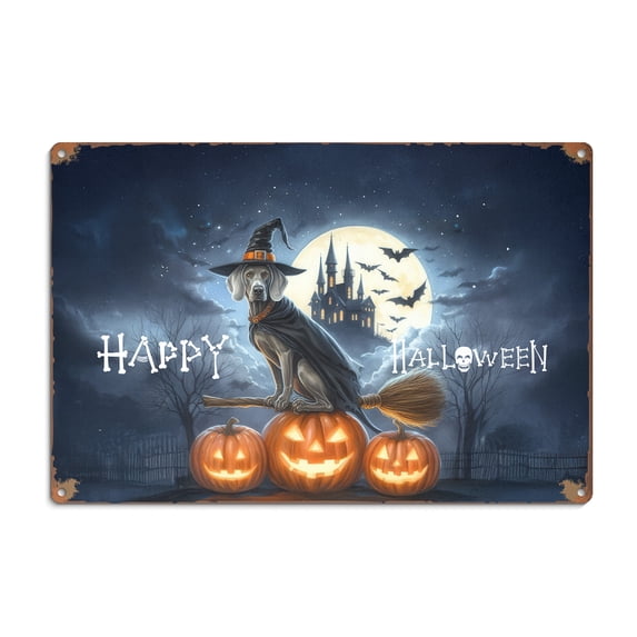 Happy Halloween Weimaraner Witch Pumpkins Bats Horizontal Metal Aluminum Sign Weim Gray Ghost Dog Lover Wall Art Home Decor - 13012