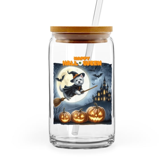 Happy Halloween West Highland White Terrier Witch Pumpkins Bats 16oz Glass Cup Mug Westie Westy Dog Lover Glass Can with Bamboo Lid and Straw - 13012