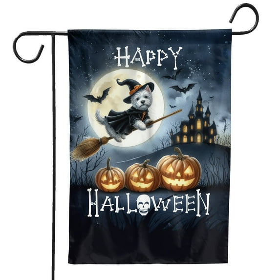 Happy Halloween West Highland White Terrier Witch Pumpkins Bats Garden Flag 12x18in Double Sided Westie Westy Dog Lover Outdoor Decor - 13012
