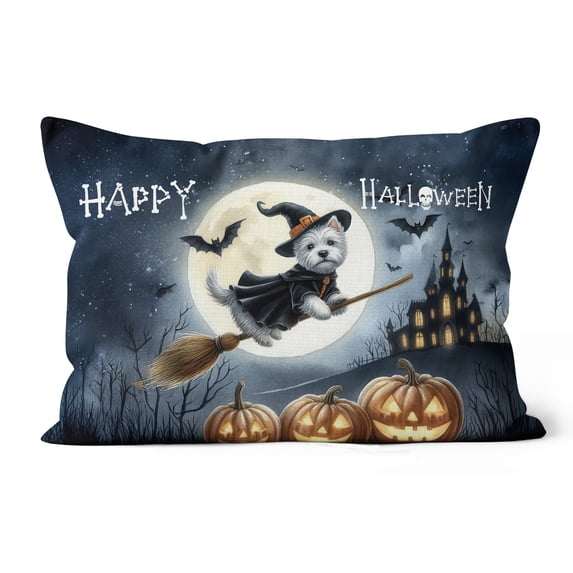 Happy Halloween West Highland White Terrier Witch Pumpkins Bats Pillow Cushion Double Sided Westie Westy Dog Lover Throw Pillow - 13012