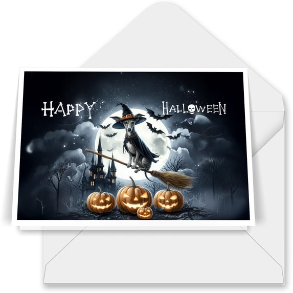 Happy Halloween Whippet Witch Pumpkins Bats 7x5in Folded Greeting Card Dog Lover Single Note Card with Envelope - 13012