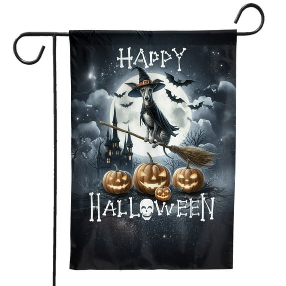 Happy Halloween Whippet Witch Pumpkins Bats Garden Flag 12x18in Double Sided Dog Lover Outdoor Decor - 13012