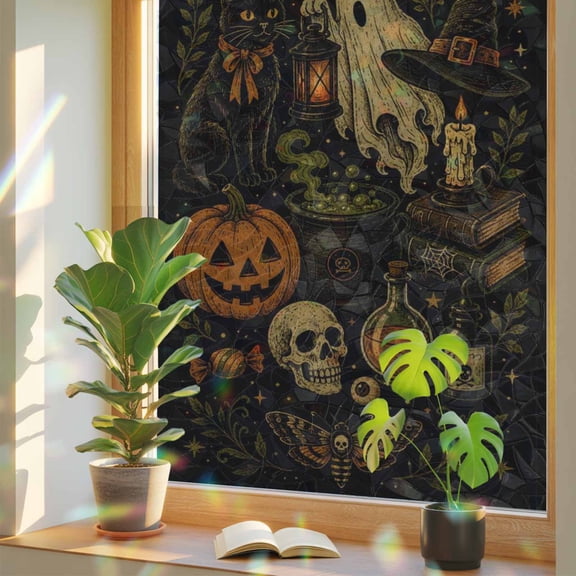 Happy Halloween Window Privacy Film, Vintage Fall Pumpkin Floating Ghost Black Cat Skull Stained Glass Rainbow Film Decorative Window Clings, Static Cling Sun Blocking Stickers 17.7" x 39.3"