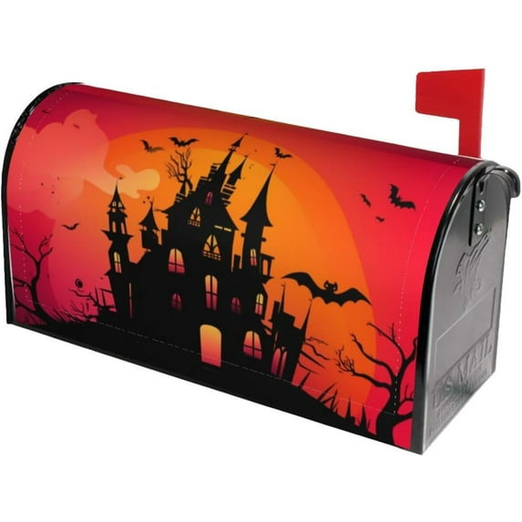 Happy Halloween Witch Castle Moon Mailbox Covers, Magnetic Post Box Cover Wraps Large Size 25.5x21 Inches for Garden Yard Decor