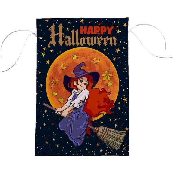 Happy Halloween Witch Full Moon Double Sided House Flag 28 x 40 inch Decorative Yard Flag for Outdoor