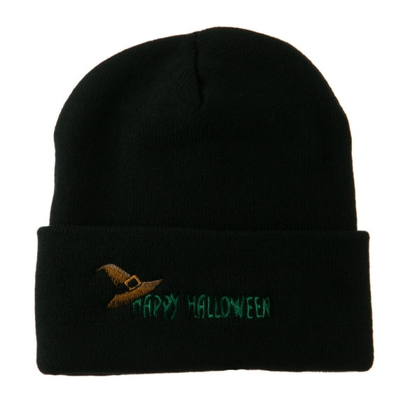Happy Halloween Witch Hat Embroidered Long Beanie - Black OSFM
