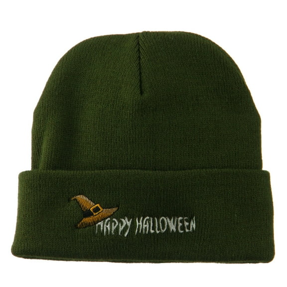 Happy Halloween Witch Hat Embroidered Long Beanie - Green OSFM