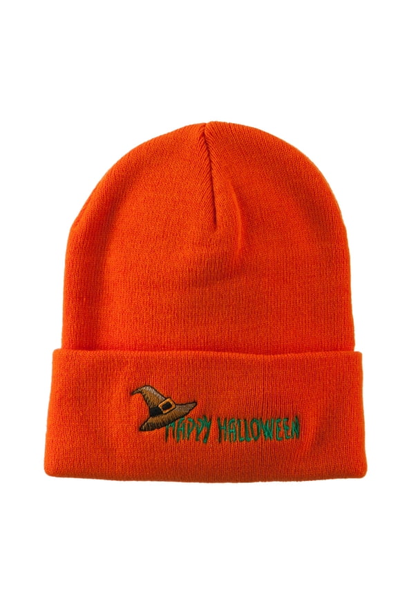 Happy Halloween Witch Hat Embroidered Long Beanie - Orange OSFM
