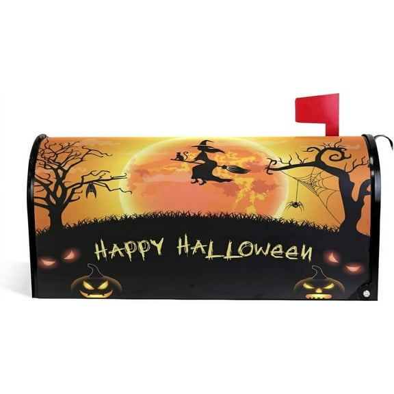 Happy Halloween Witch Spider Bat Magnetic Mailbox Cover Pumpkin Trick Or Treat Ghost Mailbox Wrap Post Letter Box Cover Home Decorative for Standard Mailboxes