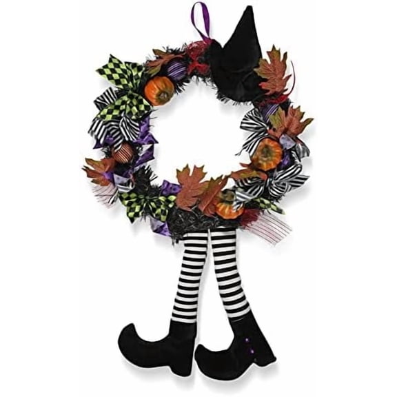 Happy Halloween Witch Wreath - Large 42" Front Door Hanging Witchy Decorations with Pumpkins, Maple Leaves, Witch Hat and Witch Legs Wreath