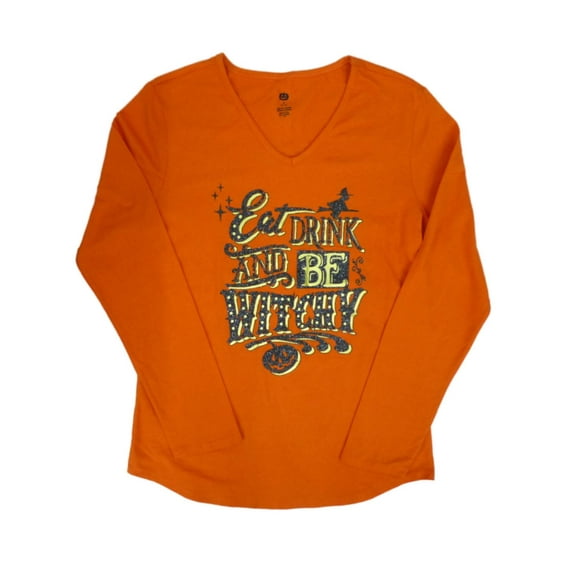 Happy Halloween Womens Orange Eat Drink Be Witchy! T-Shirt Glittery Tee S