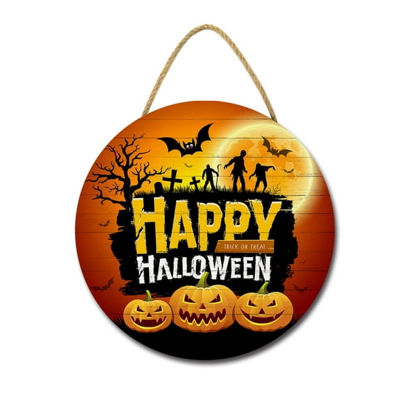 Happy Halloween Wood Sign Plaque (12"x 12"),Round Decoration Art Sign, Halloween Themed Wooden Hanging Sign for Front Door Theme Party