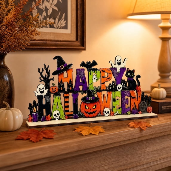 Happy Halloween Wooden Tabletop Sign,Ghost Pumpkin Bat Layered Mantel Decor,Freestanding Farmhouse Shelf Ornament Holiday Gift