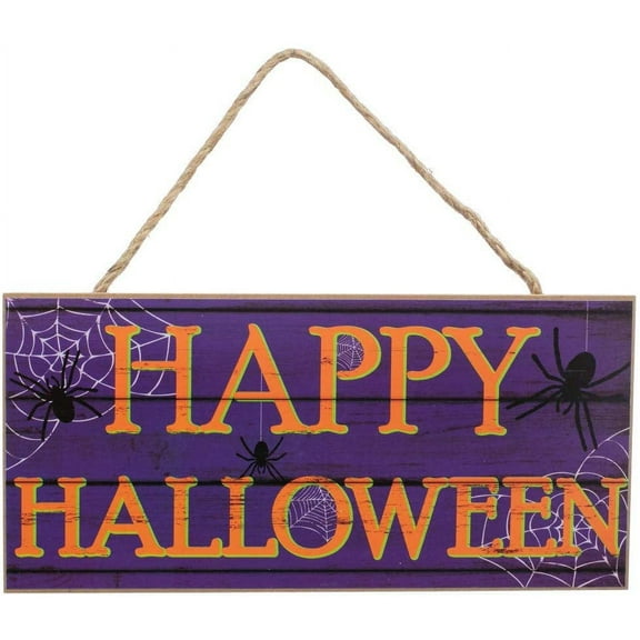 Happy Halloween Wooden Welcome Sign - 12" x 6", Purple, Orange, Spiders, Webs, Front Door, Home, Greeting, School, Classroom, Party Decor, Fundraiser, Fall, Autumn, Trick or Treat