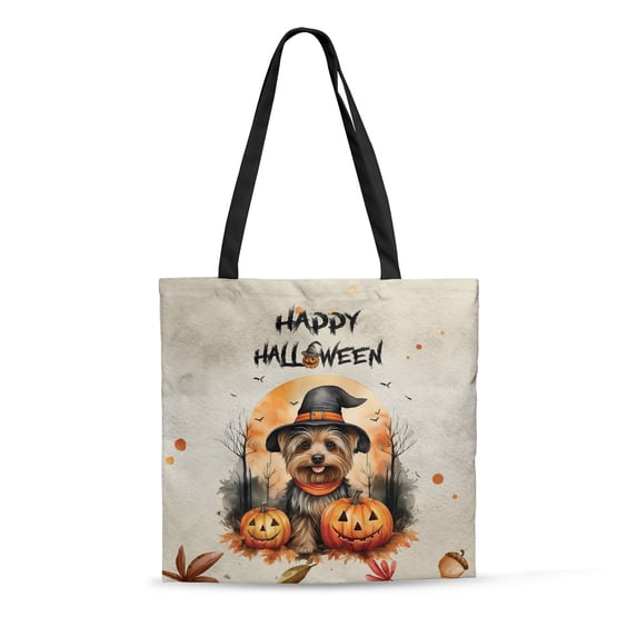 Happy Halloween Yorkshire Terrier Witches Hat Pumpkin Carving All Over Print 3D Canvas Tote Bag Yorkie Dog Lover Gifts Reusable Handbag - 02019